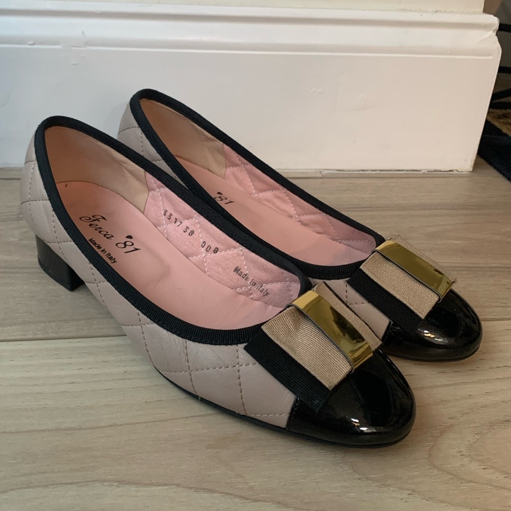 Ferca81 ballerina flats in soft nude leather with black trim size 7.5 made-Italy